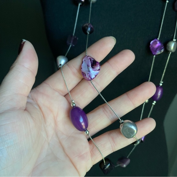 Long Double Strand Purple & Silver Bead Necklace & Earring Set - Picture 4 of 6